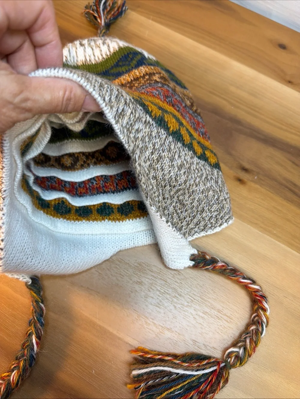 Soft Baby Alpaca Reversible Chullo Beanie Hat Beige Unisex Colorful Boho Peru